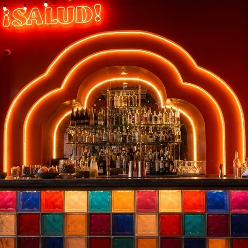 Vibrant bar with a colorful glass block counter, neon "¡SALUD!" sign, and arched lighting.