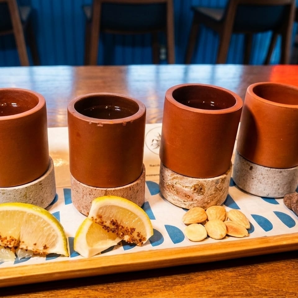 Four clay cups with drinks, lemon slices, almonds, and a chocolate on a wooden tray.
